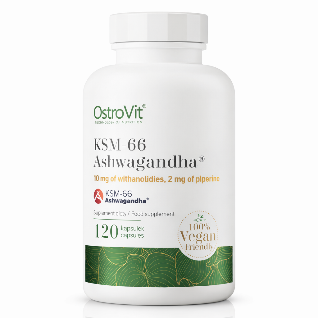 OstroVit KSM-66 Ashwagandha VEGE 120 kapsula je premium dodatak ishrani sa 200 mg standardizovanog ekstrakta (5% vitanolida) i dodatkom piperina za bolju apsorpciju. Podržava organizam u borbi protiv stresa, poboljšava fokus i kvalitet sna. Veganski proizvod sa 120 porcija.