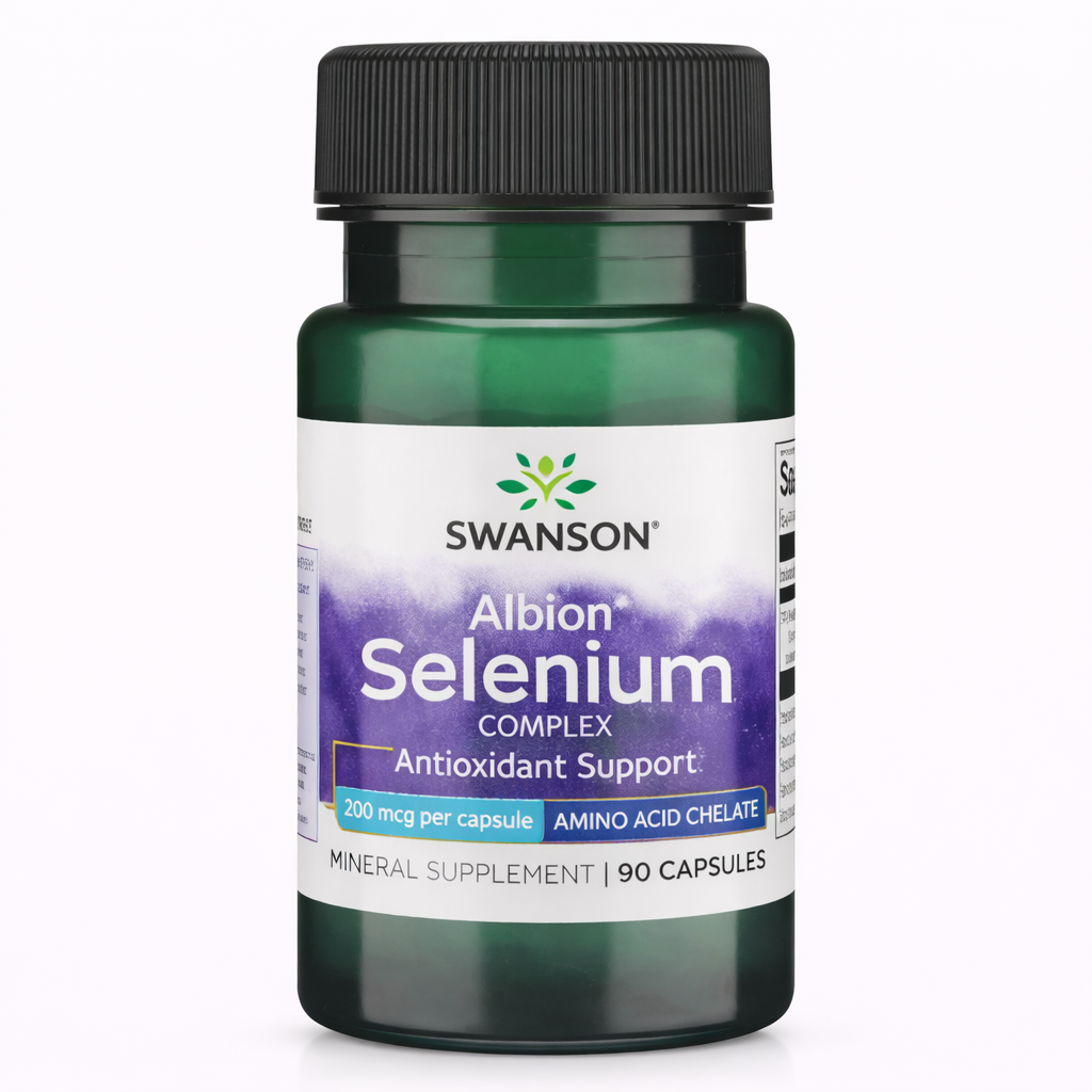 Swanson Albion Complexed Selenium obezbeđuje 200 μg visoko bioraspoloživog selena po kapsuli za podršku imunitetu, štitnoj žlezdi, kosi i noktima.